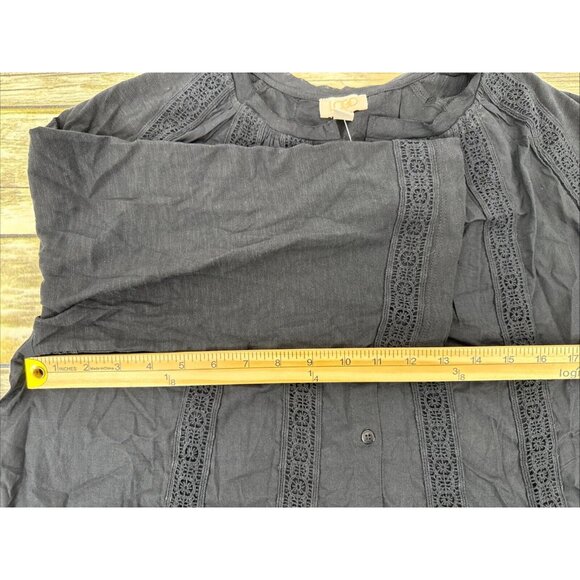 LOGO Lavish by Lori Goldstein Woven Button Front Top with Lace Trim Size M Black - Picture 13 of 13